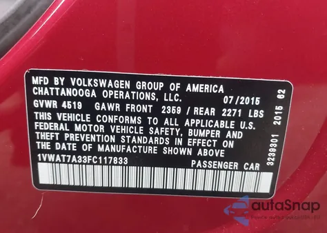 2015 Volkswagen Passat 1.8T Limited Edition from USA, damaged, VIN 1VWAT7A33FC117833